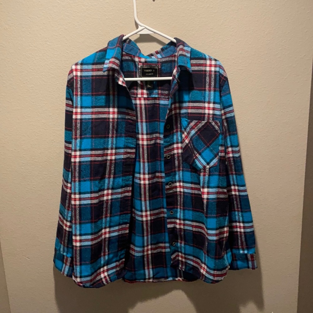 Forever 21 flannel, red, teal, white, and black, size large, good condition